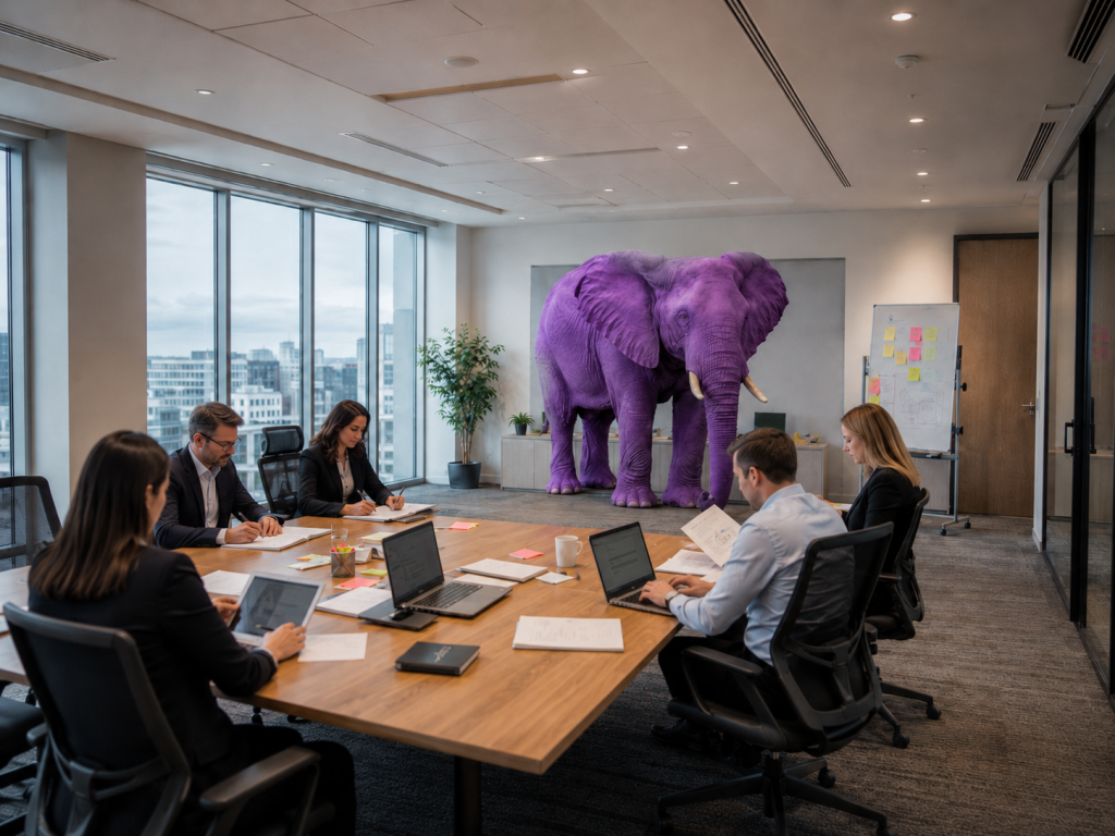 Ein lila Elefant steht in einem Besprechungsraum, die Projektmitarbeitenden schauen ihn nicht an.